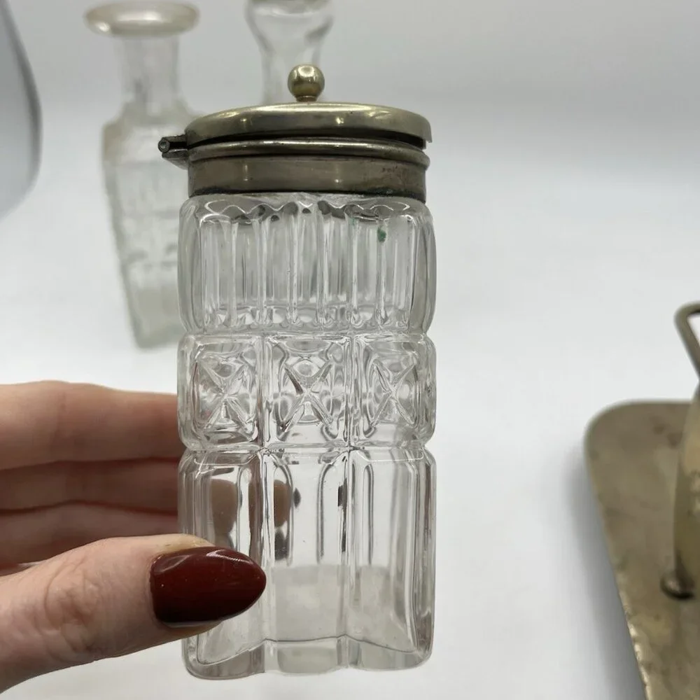 Antique Victorian EPNS Cruet Castor Set Pressed Glass Bottles Silverplate Stand